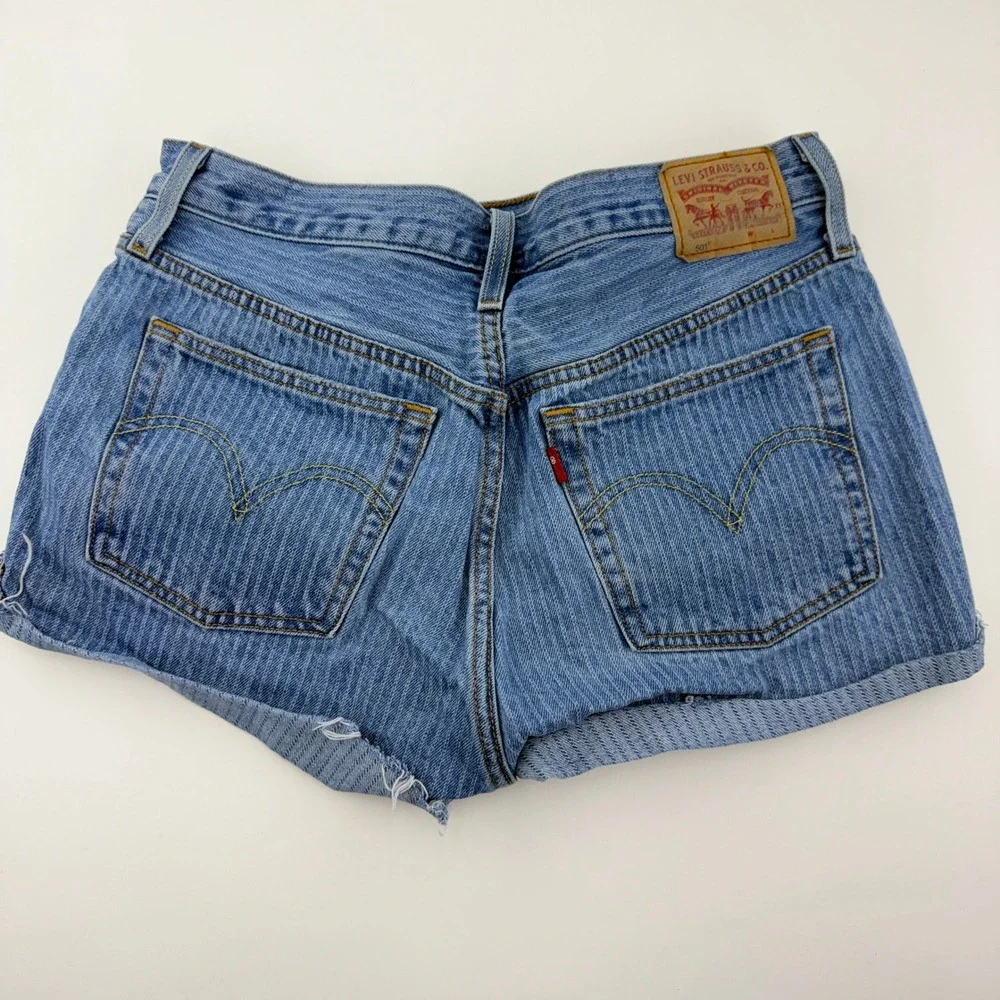 Levi's 501 Pinstripe Denim Shorts Women's W30 High Rise Cutoff Button Fly